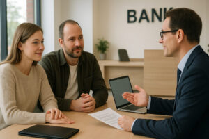 et par til møde i banken. Bankrådgiveren er ved at forklare en af bankens produkter til parret, der lytter interesseret