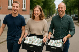 Tre glade personer, der er i færd med at skifte bank og tager deres penge fra den ene bank til det andet pengeinstitut